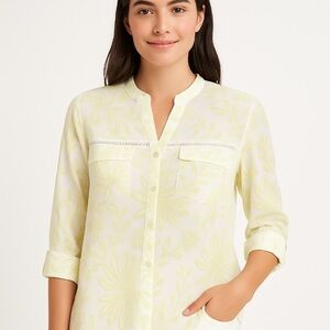 Cocomo Floral Semi-Sheer Button Front Blouse, Ivory/Light Green, M